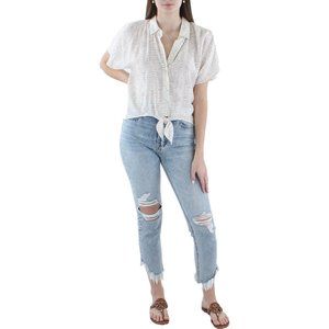 Nine West Women's White Tie Front Collared Button-Down Top Shirt